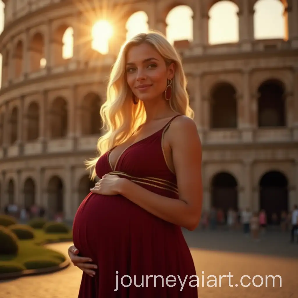 Pregnant-Woman-in-CrimsonAI-Image-Prompt-Expansion-Gown-at-the-Colosseum-with-Golden-Light
