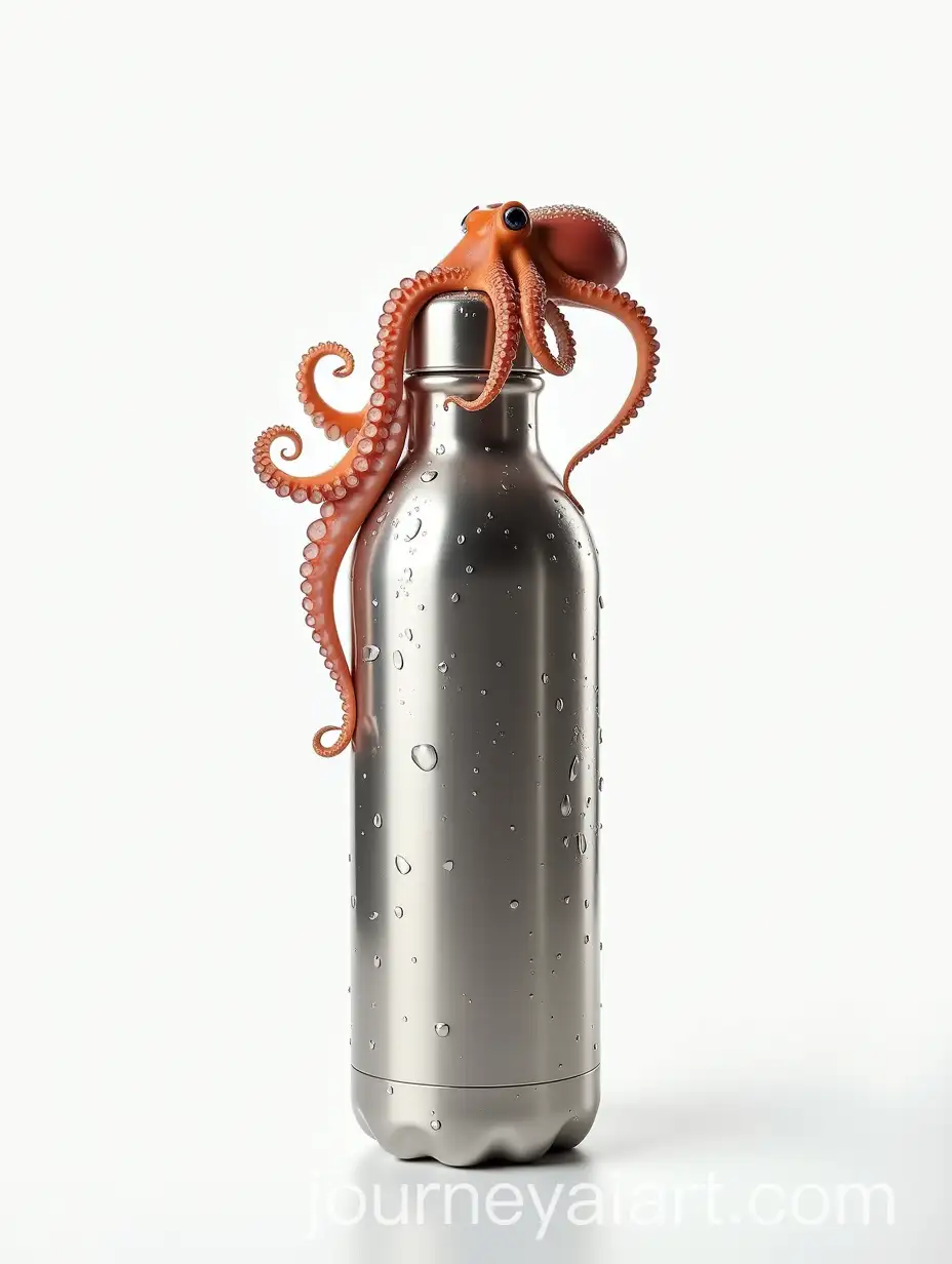 Octopus-Clinging-to-Metallic-Drinking-Bottle-with-Droplets-in-Studio-Light