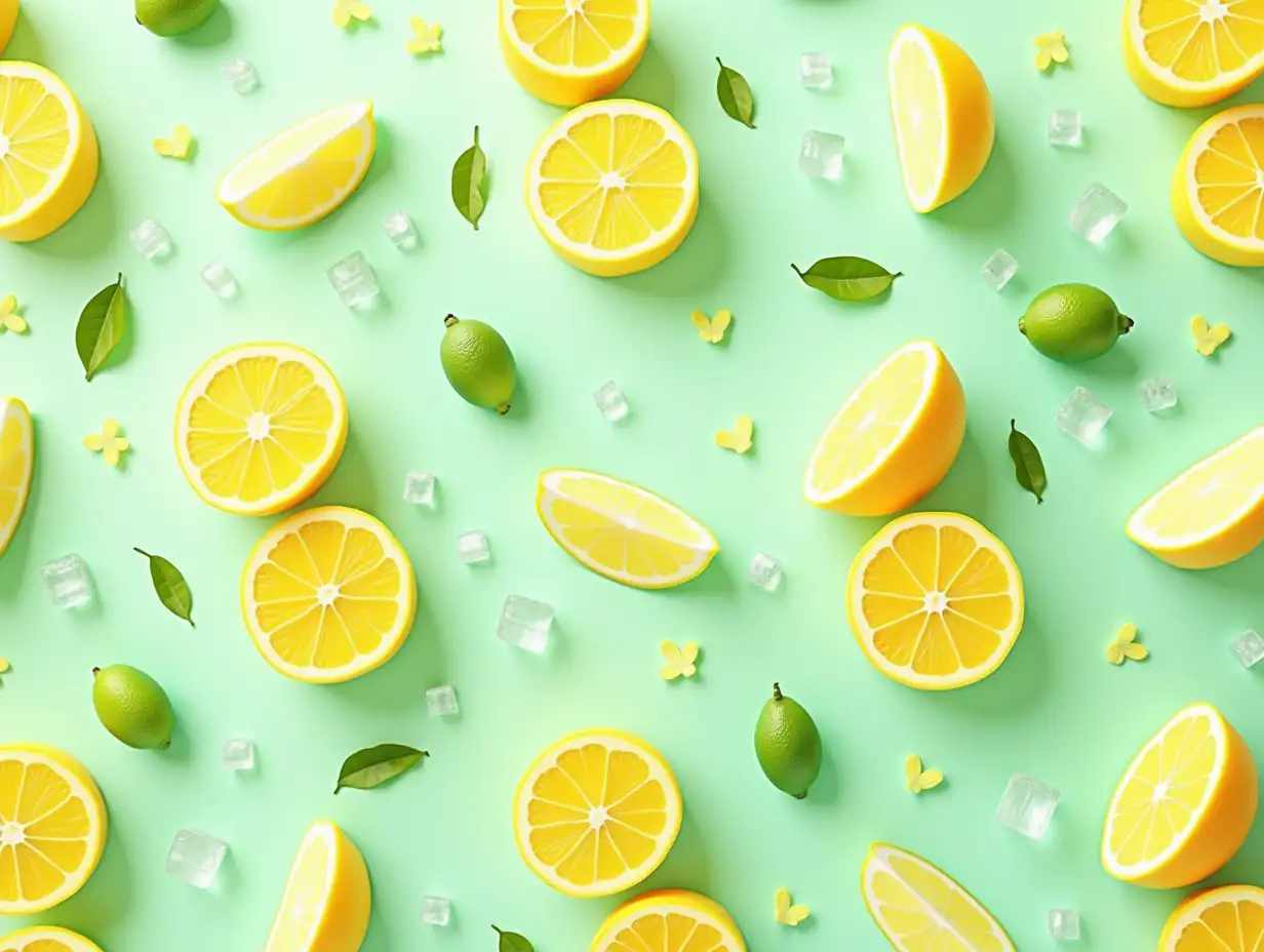 Create a vibrant, hyperrealistic digital artwork of a repeating pattern featuring sliced lemons and oranges in a slightly stylized, 3D-like form with a glossy, smooth texture. Use bright and saturated colors: lime green lemons and sunny yellow oranges against a cool teal-turquoise background. Scatter ice cubes and detailed green leaves among the fruit for a fresh, summery feel. Include a white, dripping, liquid-like substance flowing down the image for movement and depth.