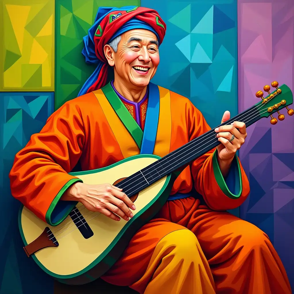 Cubist-Kyrgyz-Man-Playing-Folk-Instrument-in-Bright-Geometric-Colors