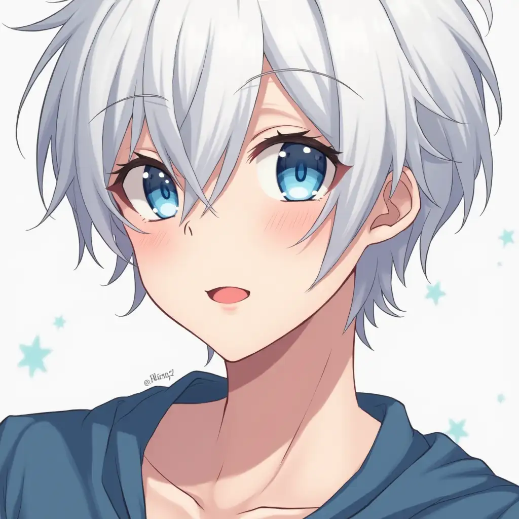 anime character a young man aged 18 has a cute face, white hair, blue eyes and red lips