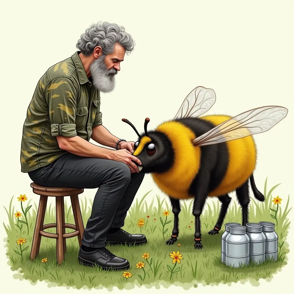 A man of fifty, bearded, curly and gray, wearing a camouflage shirt, black pants and black shoes, sitting on a stool and milking a nice bee that looks like a cow. The bee is standing on the ground, it has teats. Next to it, in the right corner, there are several standard aluminum round milk cans. The background is a green meadow, with flowers. Drawing.