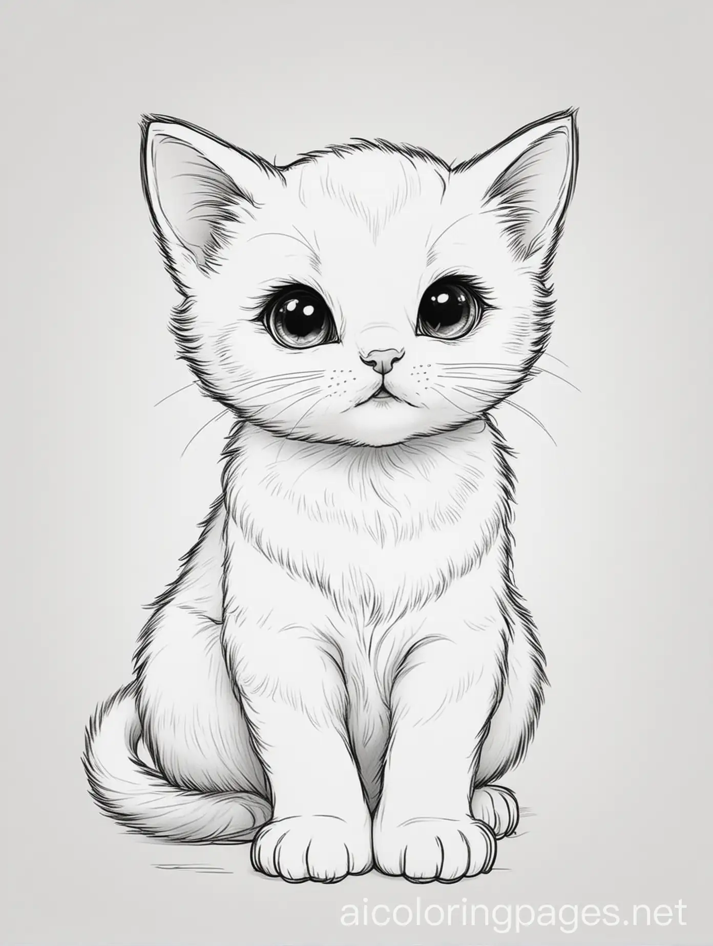 Cute baby kitten, Coloring Page, black and white, line art, white background, Simplicity, Ample White Space. The background of the coloring page is plain white to make it easy for young children to color within the lines. The outlines of all the subjects are easy to distinguish, making it simple for kids to color without too much difficulty