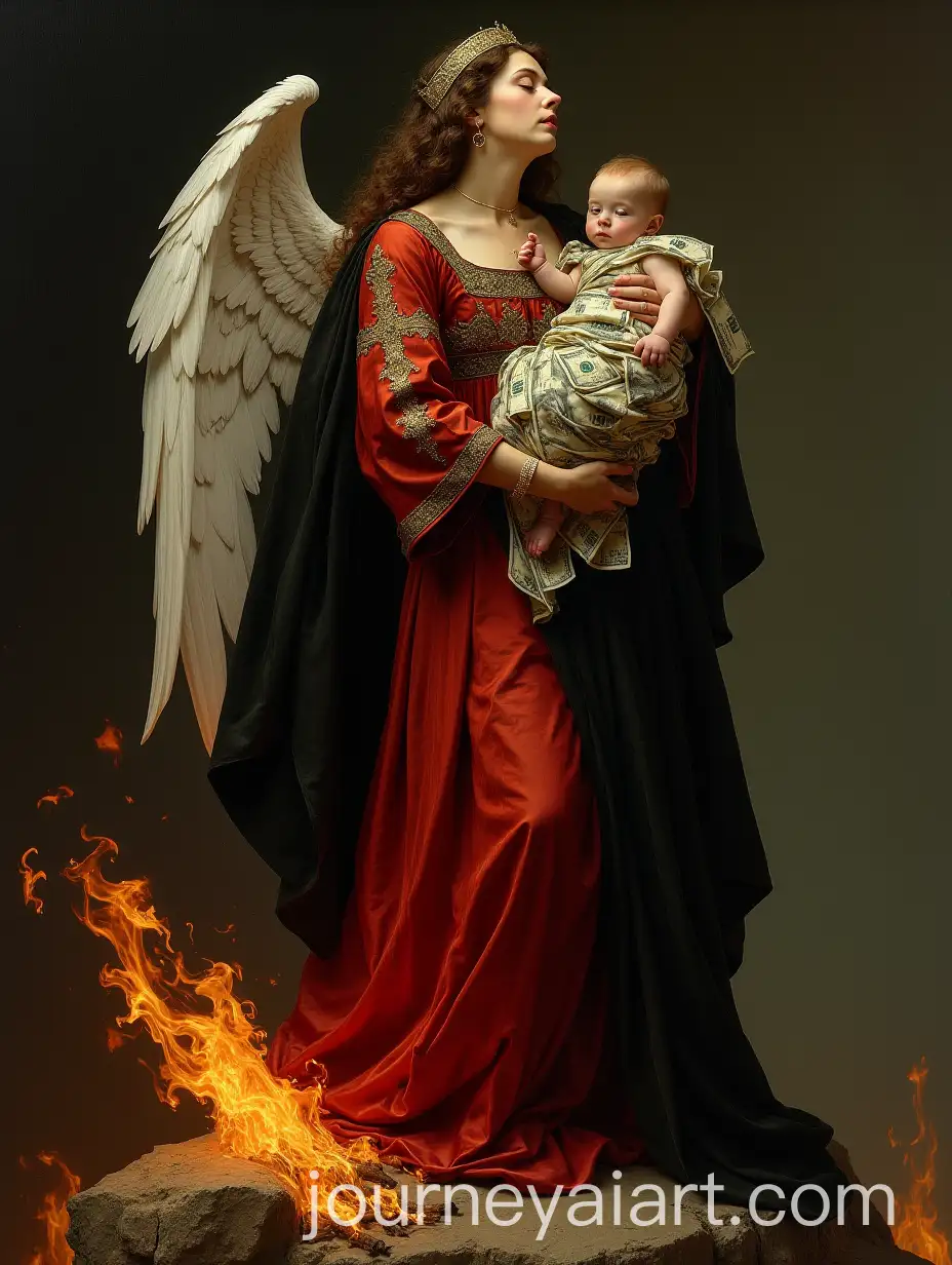 Female-Angel-Mother-Holding-Baby-in-Ornate-Robes-Surrounded-by-Fire-and-Mythological-Symbols