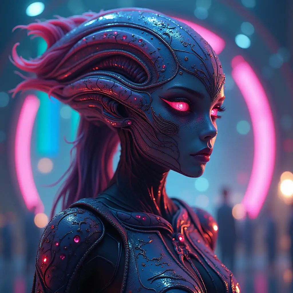 user_prompt: Hyperrealistic of a beautiful alien queen futuristic that is intricately detailed, colorful and with night lights background