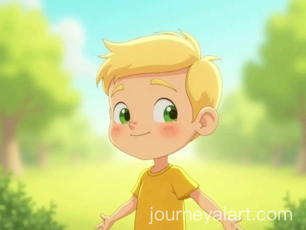 Cartoon-Boy-with-Blonde-Hair-and-Green-Eyes-in-Bright-Outdoor-Scene