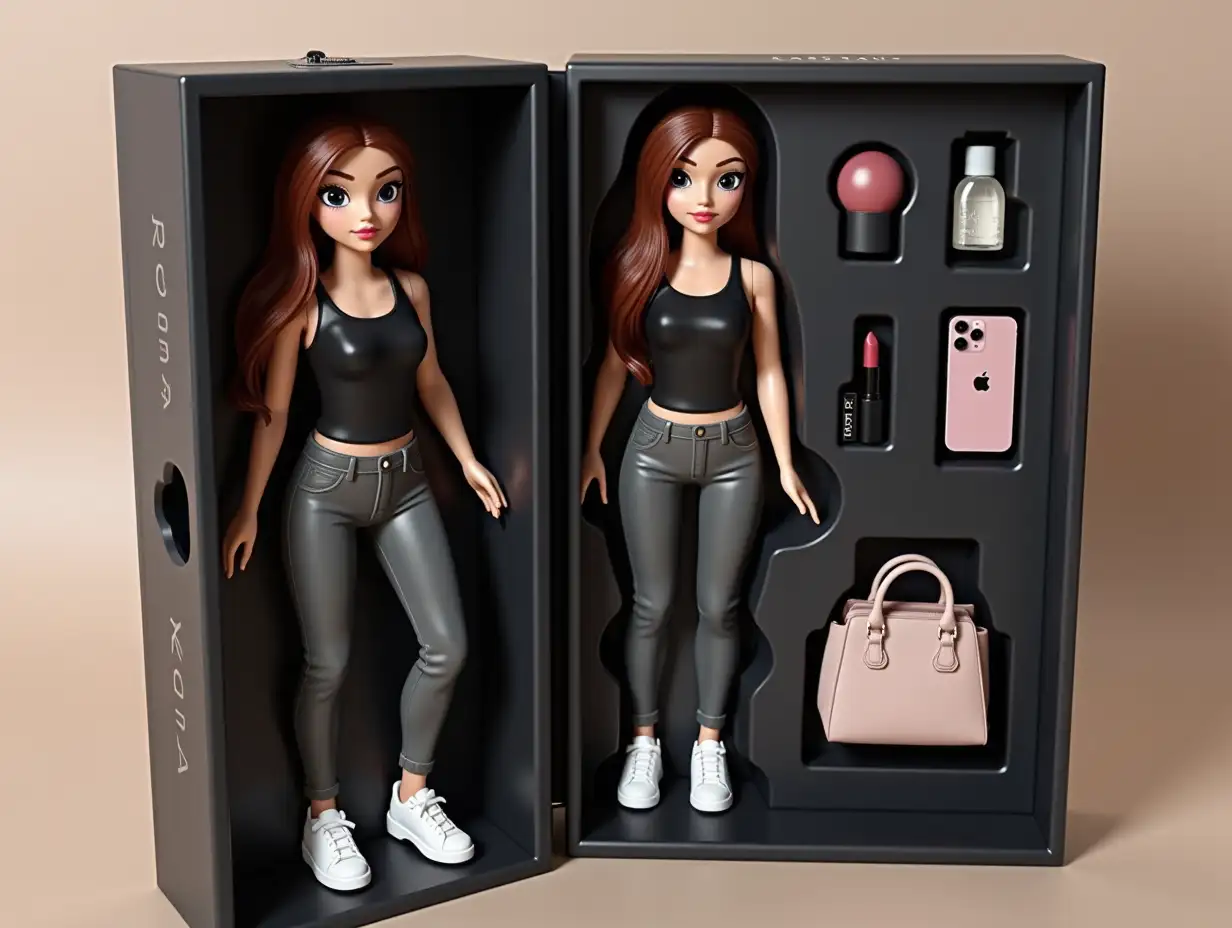 Create a collector's action figure of a human as an expensive toy in packaging. Style: most realistic, like for advertising or storytelling Main details: This is a 3D doll in the style of Bratz, made of soft touch plastic. Character - full size, repeats the appearance Copy every detail: hairstyle, lips, eyes, facial features and proportions Clothing - black top, gray jeans, white sneakers The doll lies in a plastic recess that repeats its silhouette Packaging: Modern box style Box: transparent plastic in front, cardboard back. Color black. The name of the character Karina should be on top of the box-letters embossed and engraved on the box Accessories inside the box: Laid out next to the doll in their places in separate cells, accessories - bag, iPhone 11, kiko lipstick—maximally photorealistic and detailed mini versions Key: style, visual and detailing - like a premium collector's toy