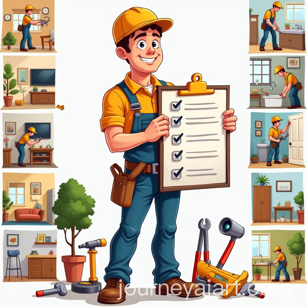 Cartoon-Handyman-Checklist-Home-Repairs-and-Maintenance-Montage