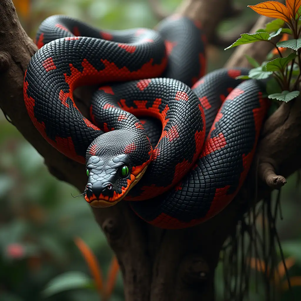 Ultradetailed hyperrealistic portrait of a black and red patterned snake with green eyes hanging from a thick tree down to intricately detailed, colorful plants in the background colorful plants background