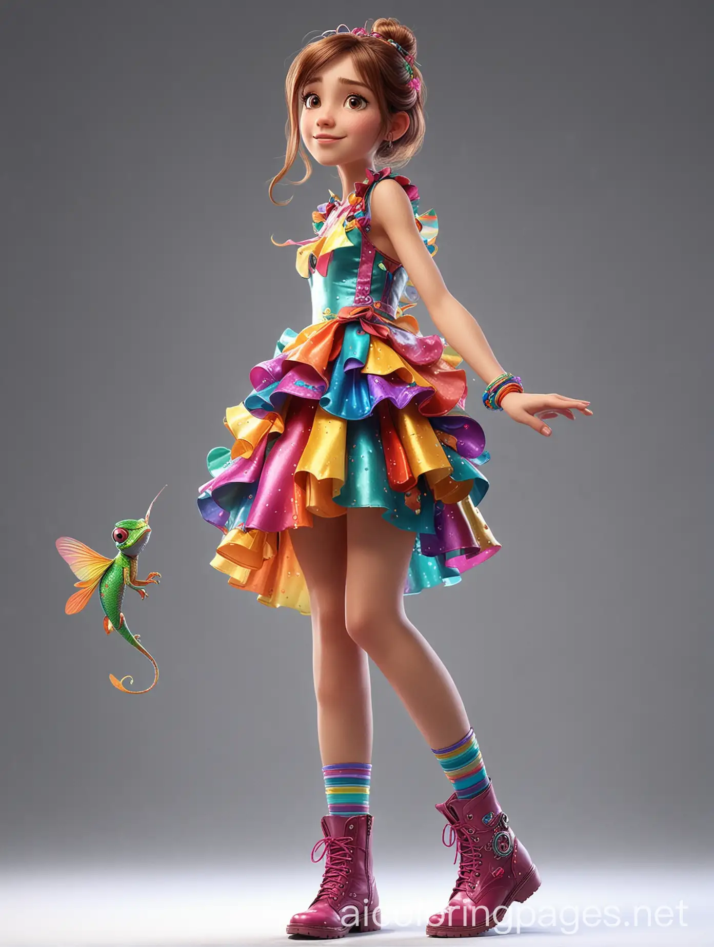 Adventurous-Teen-Girl-with-Flying-Chameleon-in-Colorful-Swirling-Dress