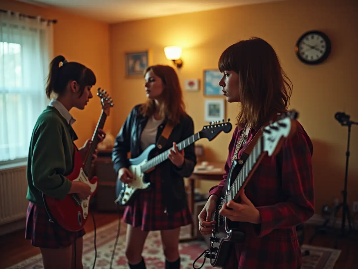 A punk group consisting of school girls rehearsing at home in a room