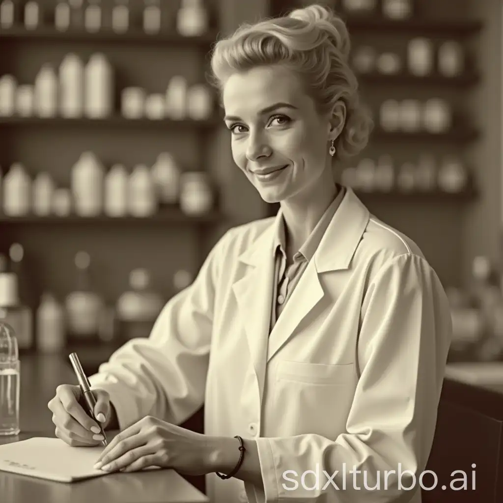 Attractive-40YearOld-Female-Pharmacist-in-1950s-Laboratory-with-Sepia-Tone