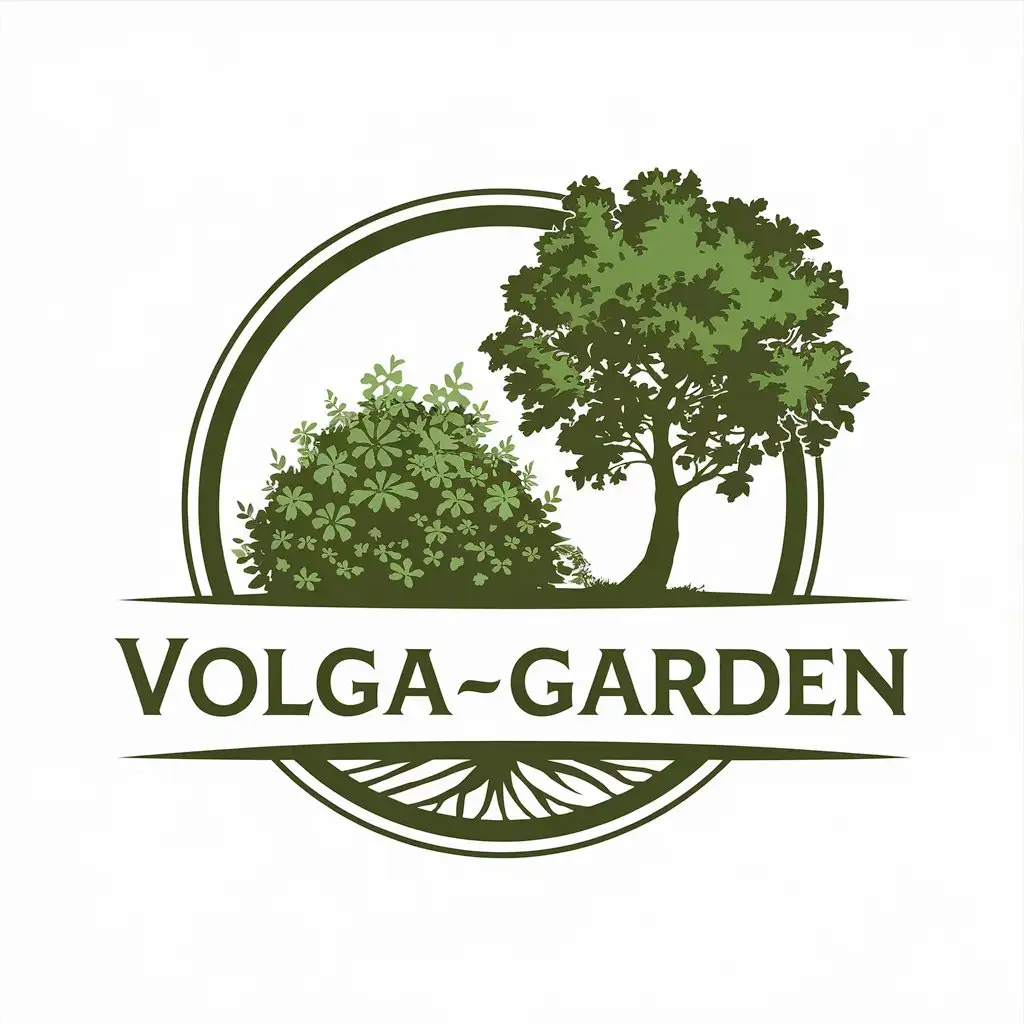 a vector logo design,with the text "volga-garden", main symbol:beautiful bush, beautiful tree, green, nature,Moderate,be used in agrocompany industry,clear background