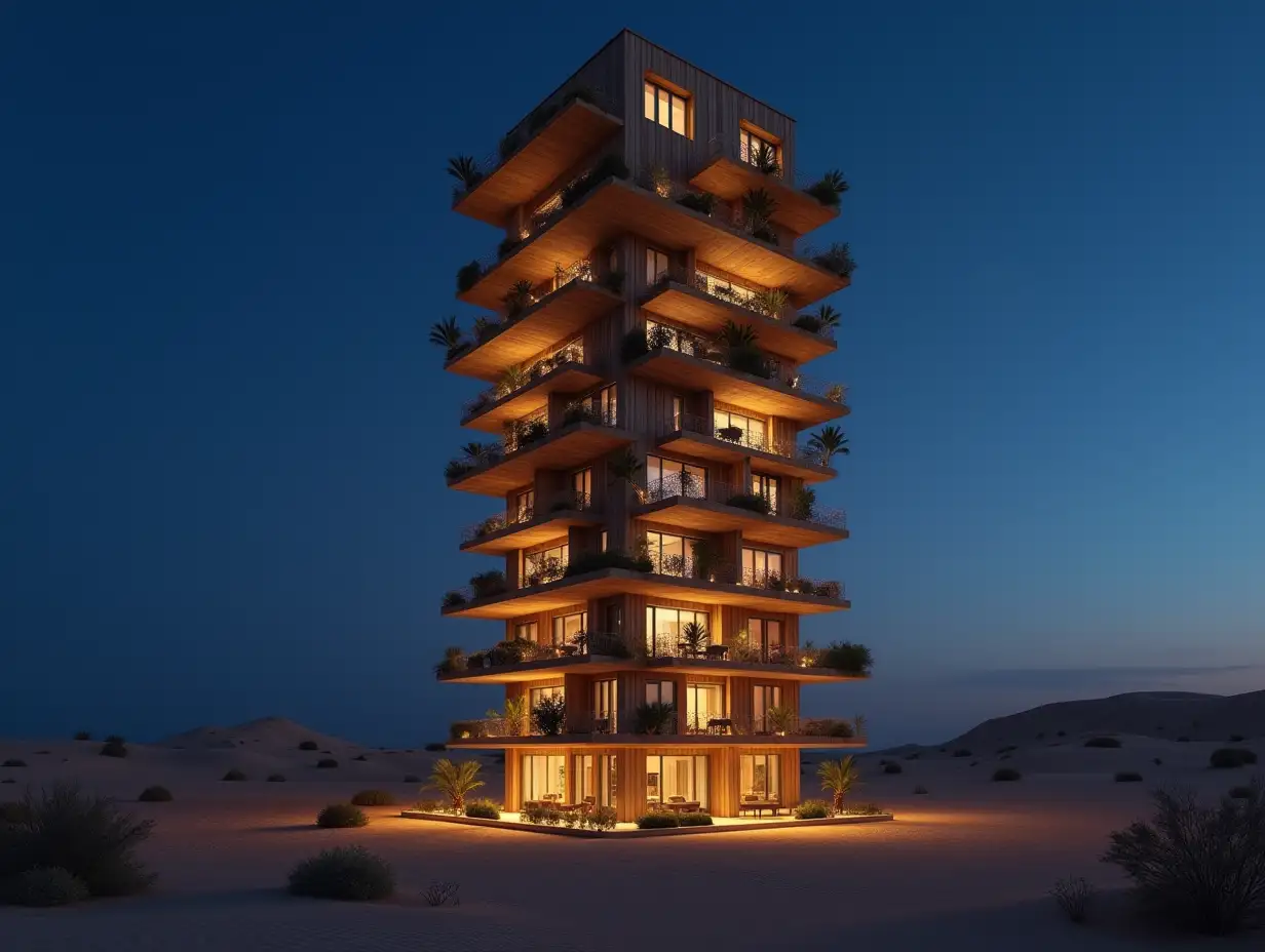 Face transforms into a tall building with illuminated terrace balconies hanging down in the desert