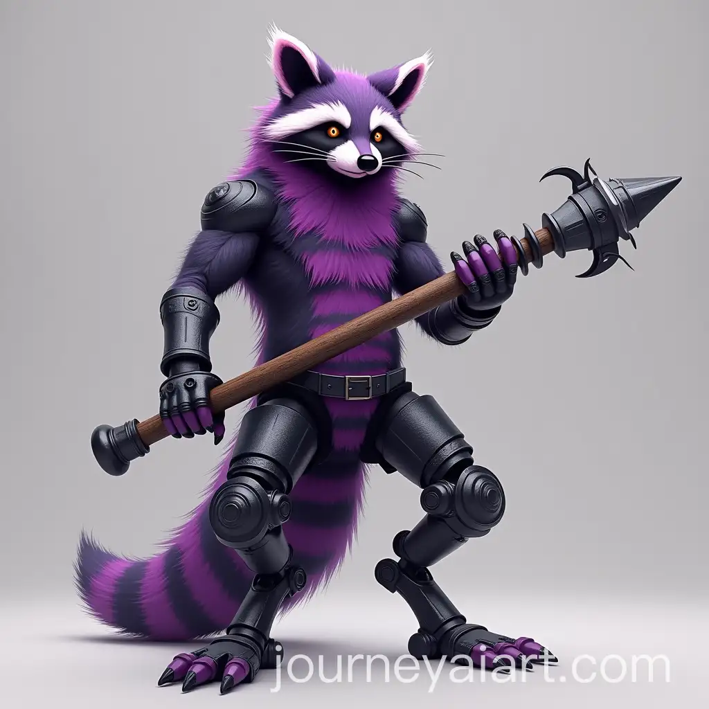 Striped-Purple-and-Black-Raccoon-with-Mechanical-Leg-Holding-Lance-Weapon