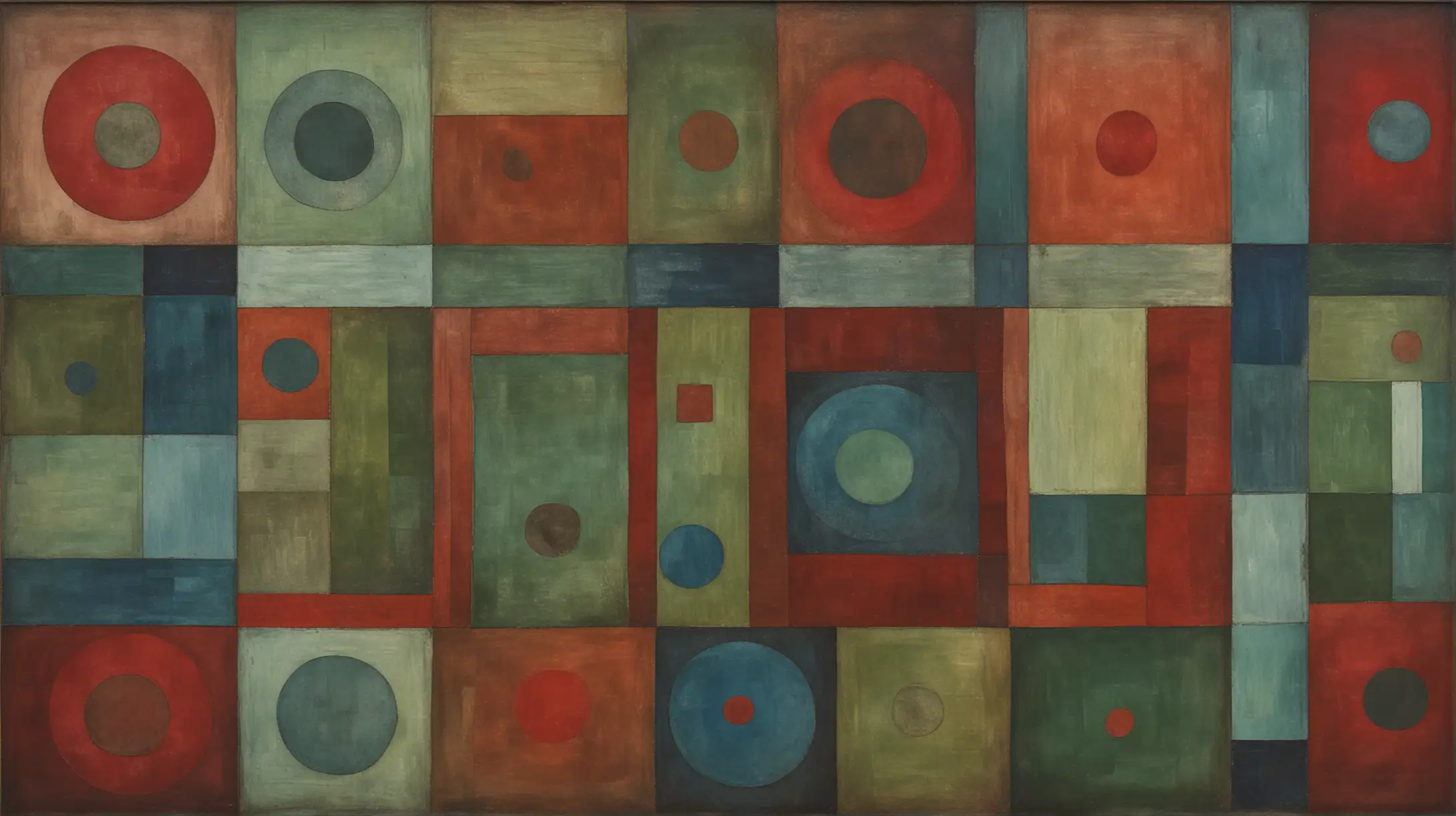 Abstract Painting in Paul Klee Style with Deep Muted Red Blue and Green Squares and Circles