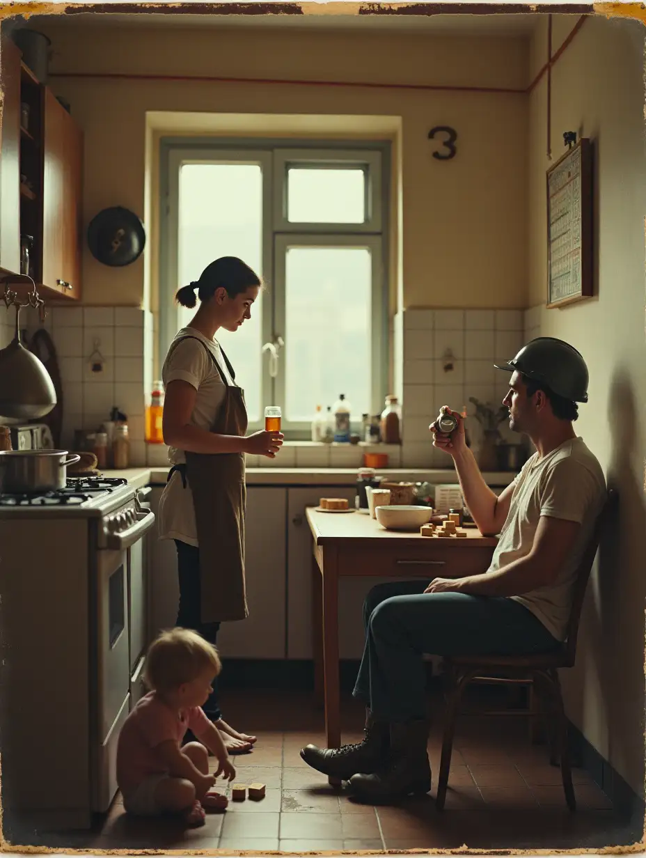 A candid scene of a small, modest kitchen in a workers' housing block. A woman stands at the stove, cooking in a stained apron, her hair tied back. At the small kitchen table, an exhausted man sits with his factory helmet still on, holding a beer with one hand, his half-kicked-off, worn boots showing the day’s wear. A young child plays on the floor with wooden blocks, glancing up occasionally. The kitchen has mismatched pots hanging on the walls, jars of spices on the countertop, and a faded calendar on the wall. Light from a small window casts a warm glow over this intimate, everyday scene. Warm vintage polaroid tones.