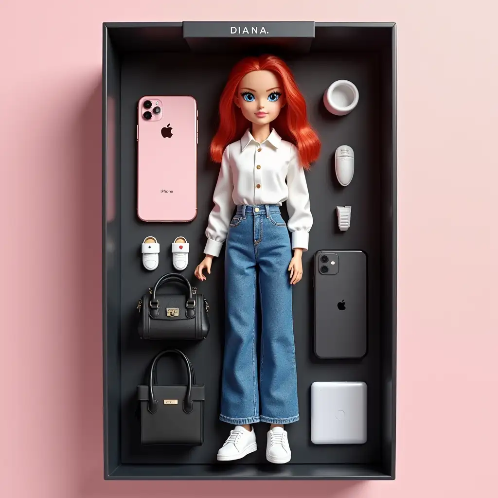 Depict a collectible action figure in an expensive black box. It should be an action doll made of soft touch plastic. It should be realistic, with blue eyes and red hair. Wearing blue wide jeans, a white shirt with a collar and sleeves, white sneakers. The accessories of the doll are 11 iPhones, a lady's black handbag, a laptop. DIANA should be written on the box on top. Use pastel colors.