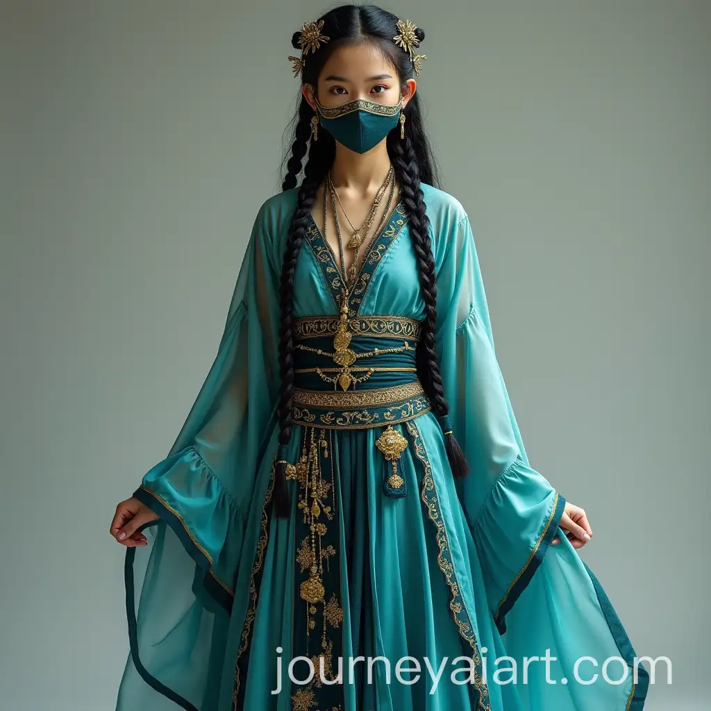 Futuristic-Samurai-Teen-in-Aqua-Dress-with-Gold-Jewelry-and-Mask
