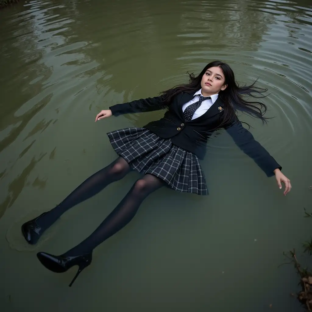 schoolgirl in school uniform, with skirt, blazer, blouse, dark tights, high-heeled pumps. Swims in a dirty pond, fully wet clothes, under water, lies in the water, wet clothes stick to the body, immersion in water