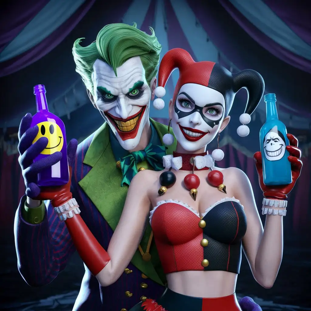 Colorful-Joker-and-Harley-Quinn-Holding-Bottles-in-3D