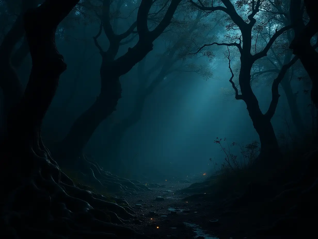 Dark-Misty-Forest-at-Night-with-Eerie-Shadows-and-Glowing-Fireflies