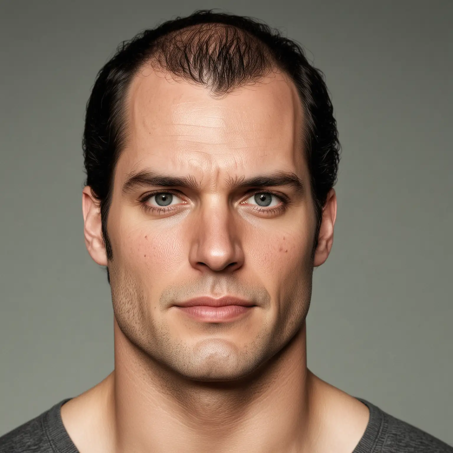 Front View of a Symmetrical Henry Cavill with a Shaved Bald Head