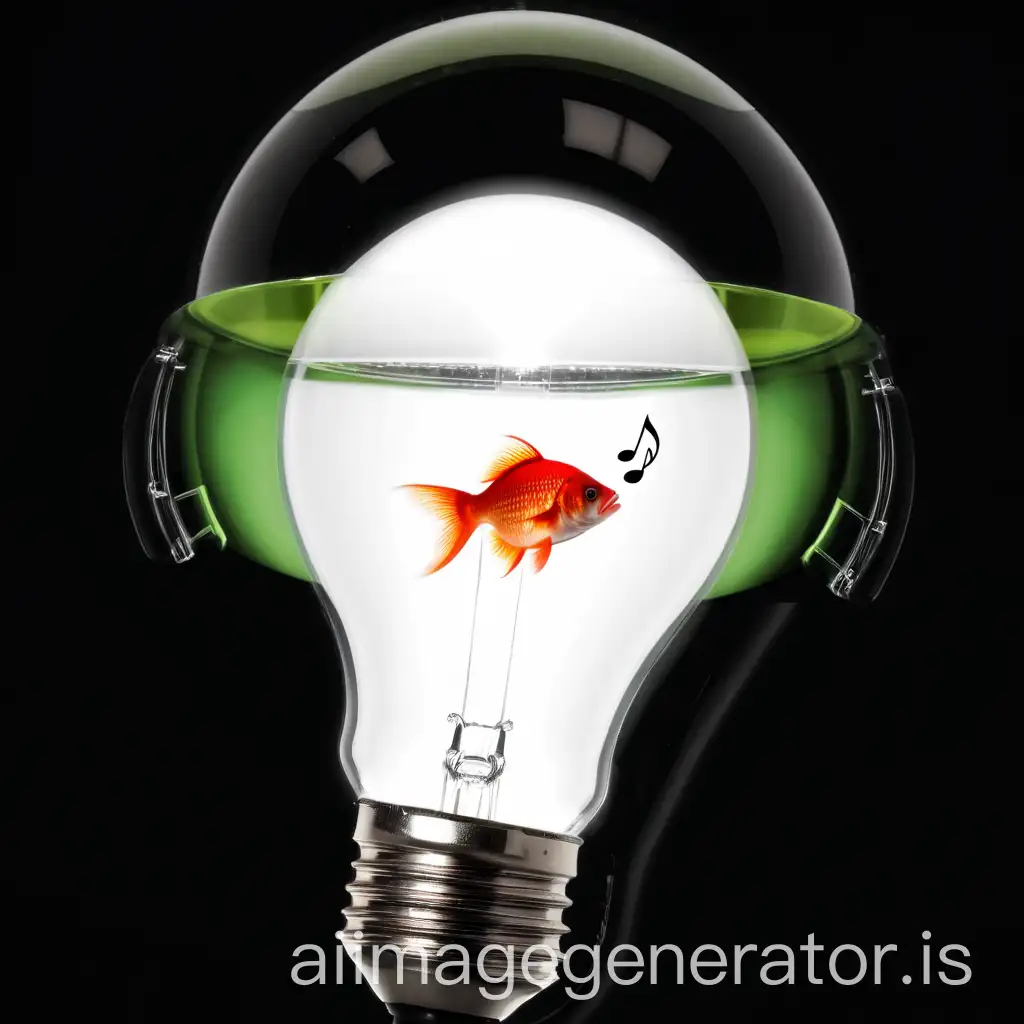 logo of a red fish in a light bulb that has a music helmet on it with a transparent background