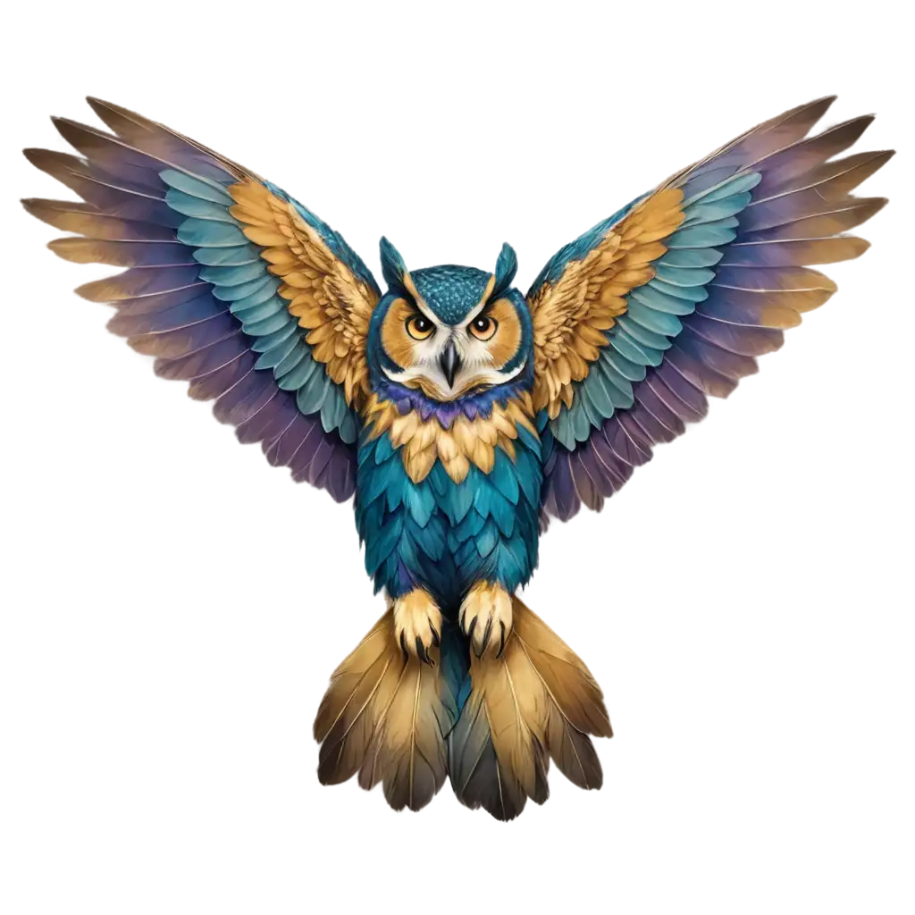 Happy-and-Mysterious-Owl-PNG-Confident-Expression-in-Blue-Gold-and-Purple-Feathers