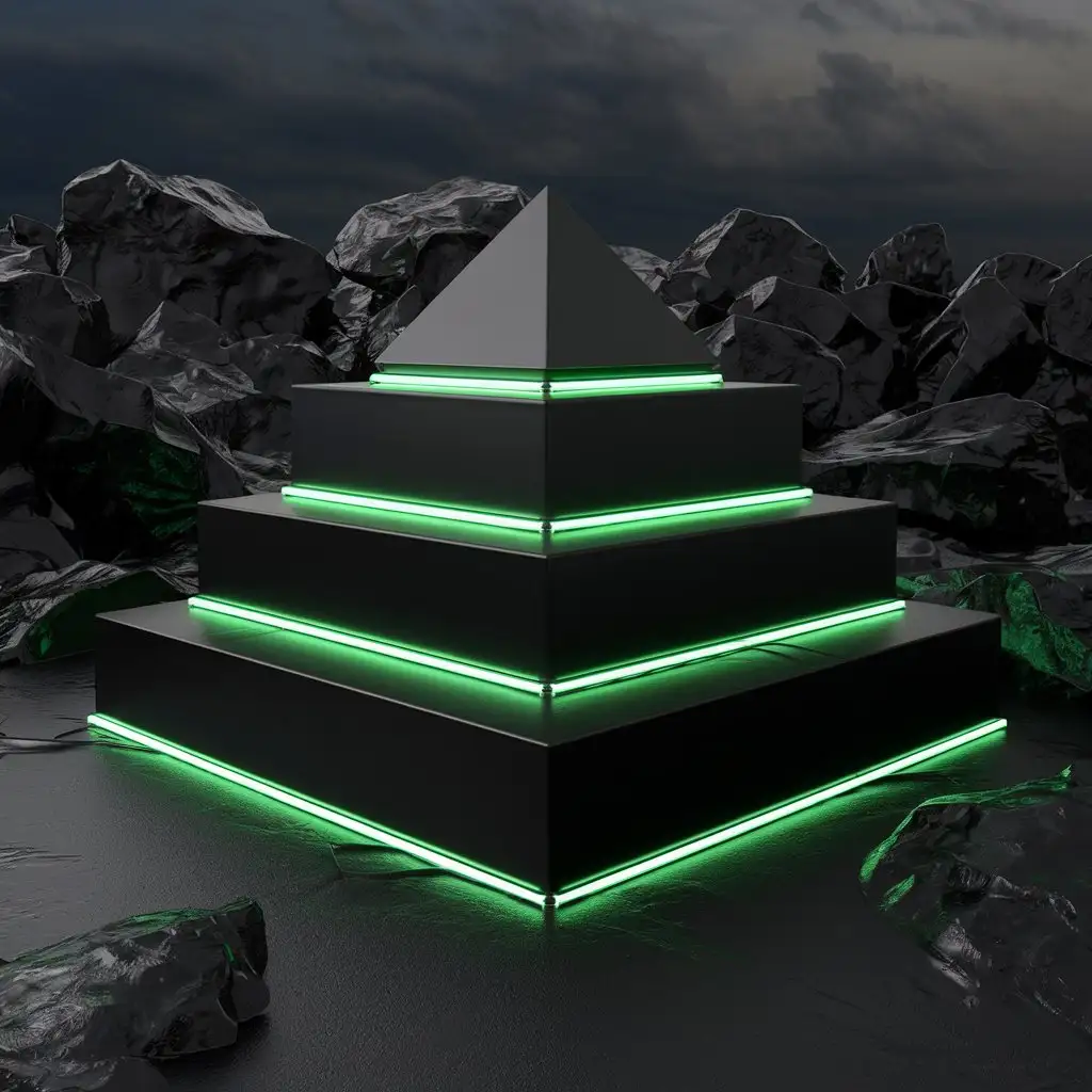 pyramid 3 steps black with green neon on background black rocks 3d