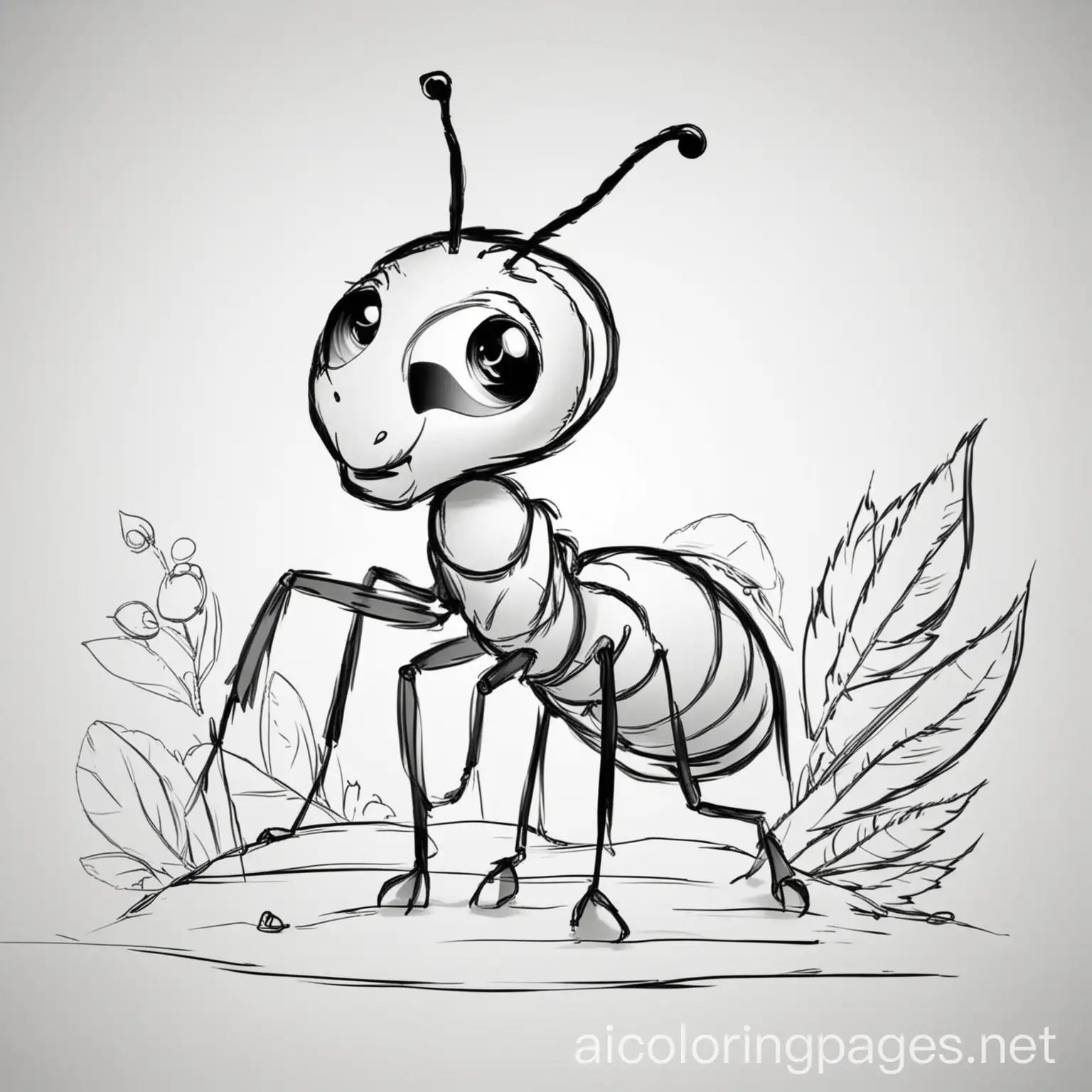 ant, Coloring Page, black and white, line art, white background, Simplicity, Ample White Space. The background of the coloring page is plain white to make it easy for young children to color within the lines. The outlines of all the subjects are easy to distinguish, making it simple for kids to color without too much difficulty