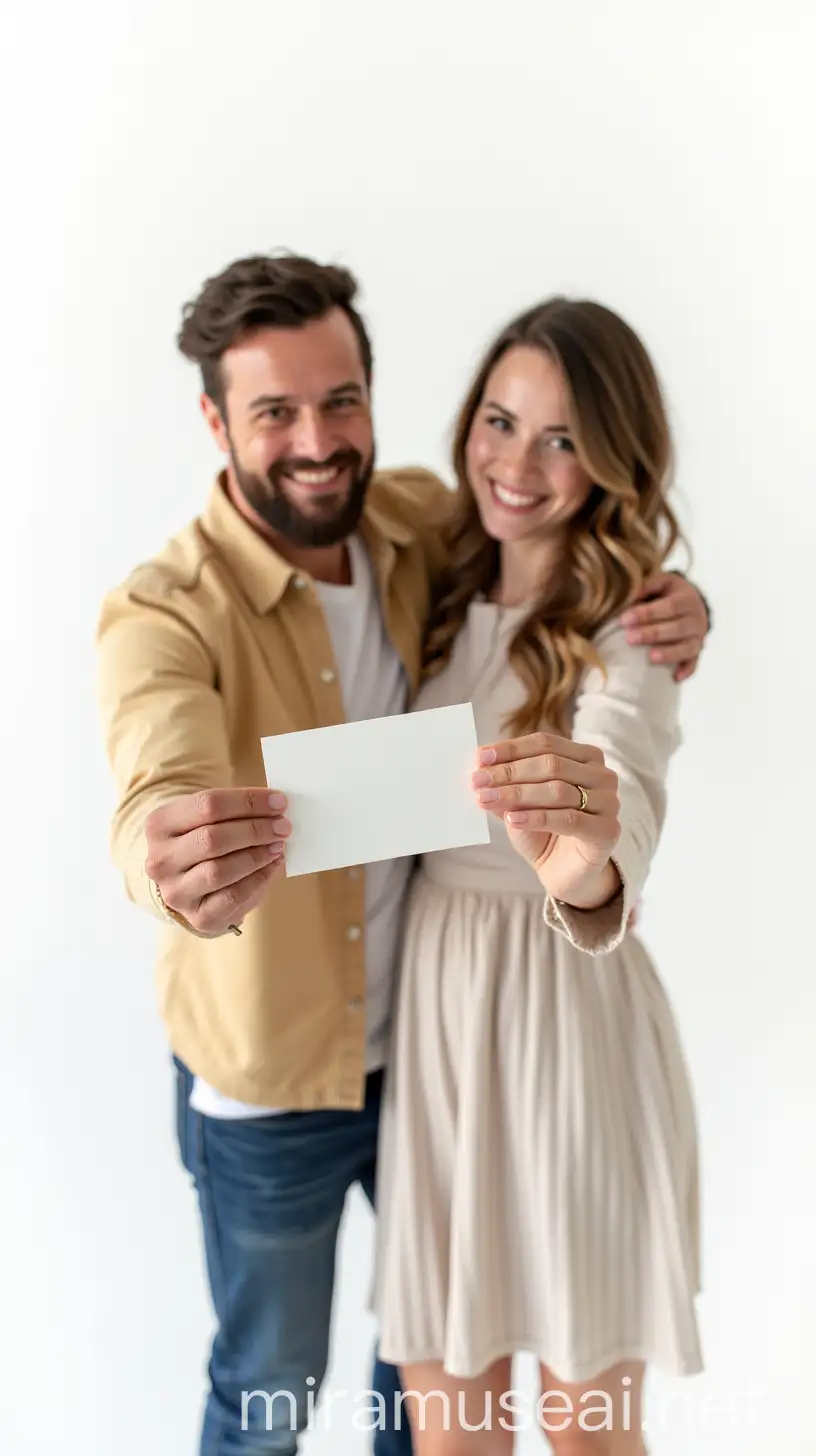 Couple Holding Greeting Card on White Background