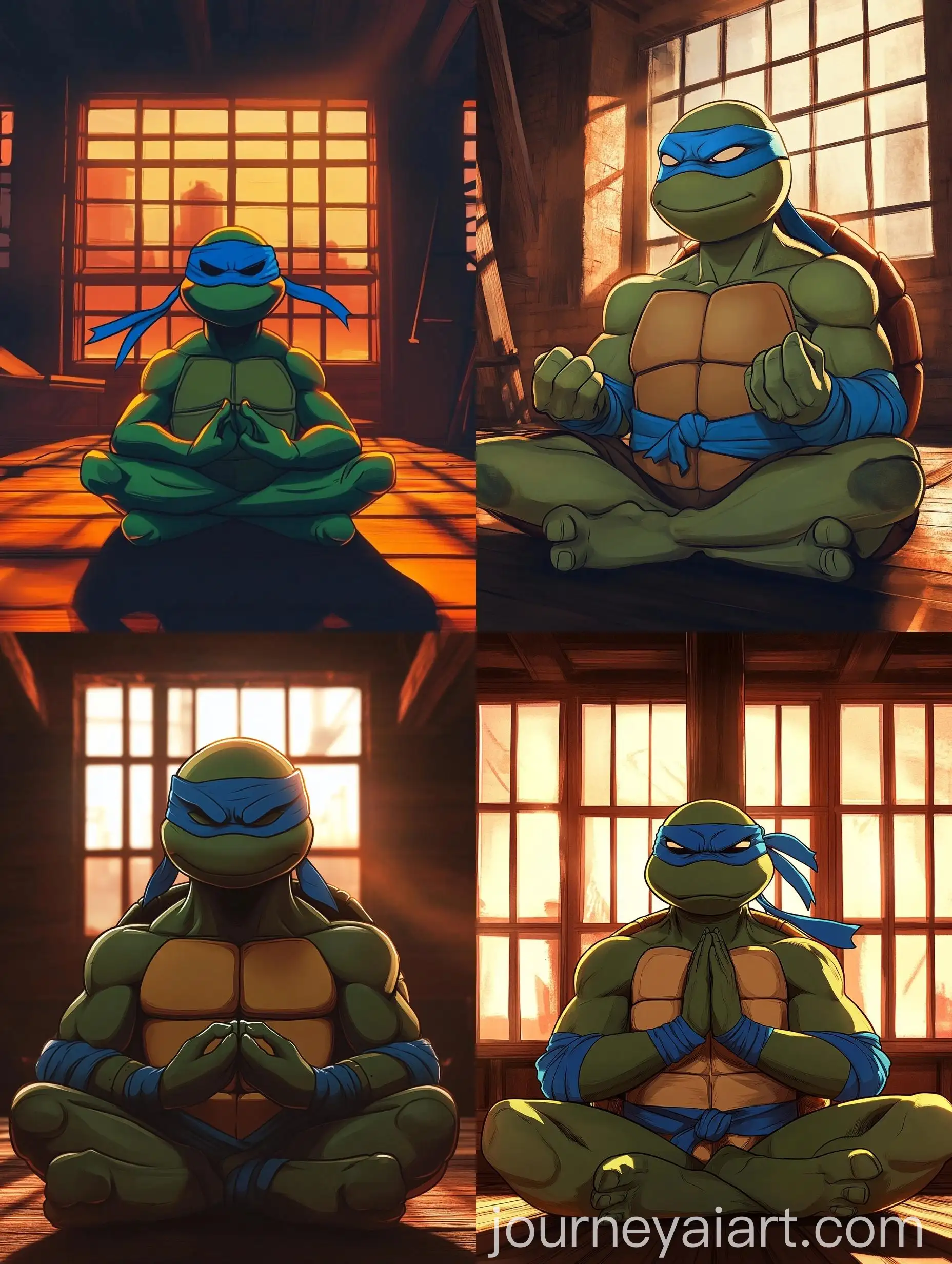 Leonardo-Meditating-in-Ninja-Turtles-Cartoon-Style-Gym