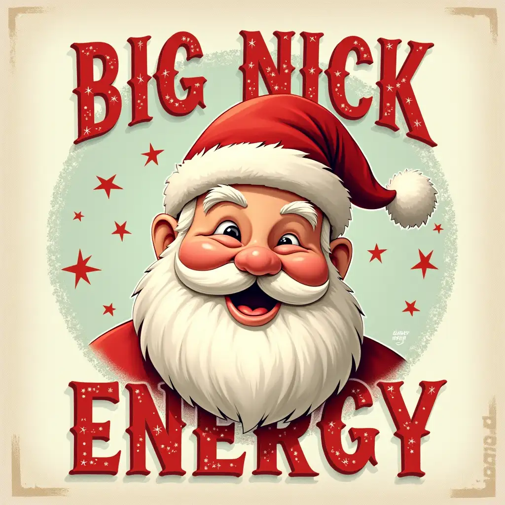 Oil painting ART. Create a vintage-style graphic featuring a close-up portrait of Santa Claus with a jolly expression. The text 'BIG NICK ENERGY' should be prominently displayed in bold, retro-inspired letters. The background should be a light, neutral color with subtle texture, like linen. Add stars or other festive elements to enhance the visual appeal. The overall style should be playful and cheerful, with a touch of nostalgia.