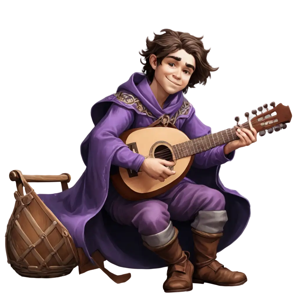 Halfling-Male-Bard-in-Purple-Dress-Playing-Lute-Detailed-DND-Style-PNG-Image