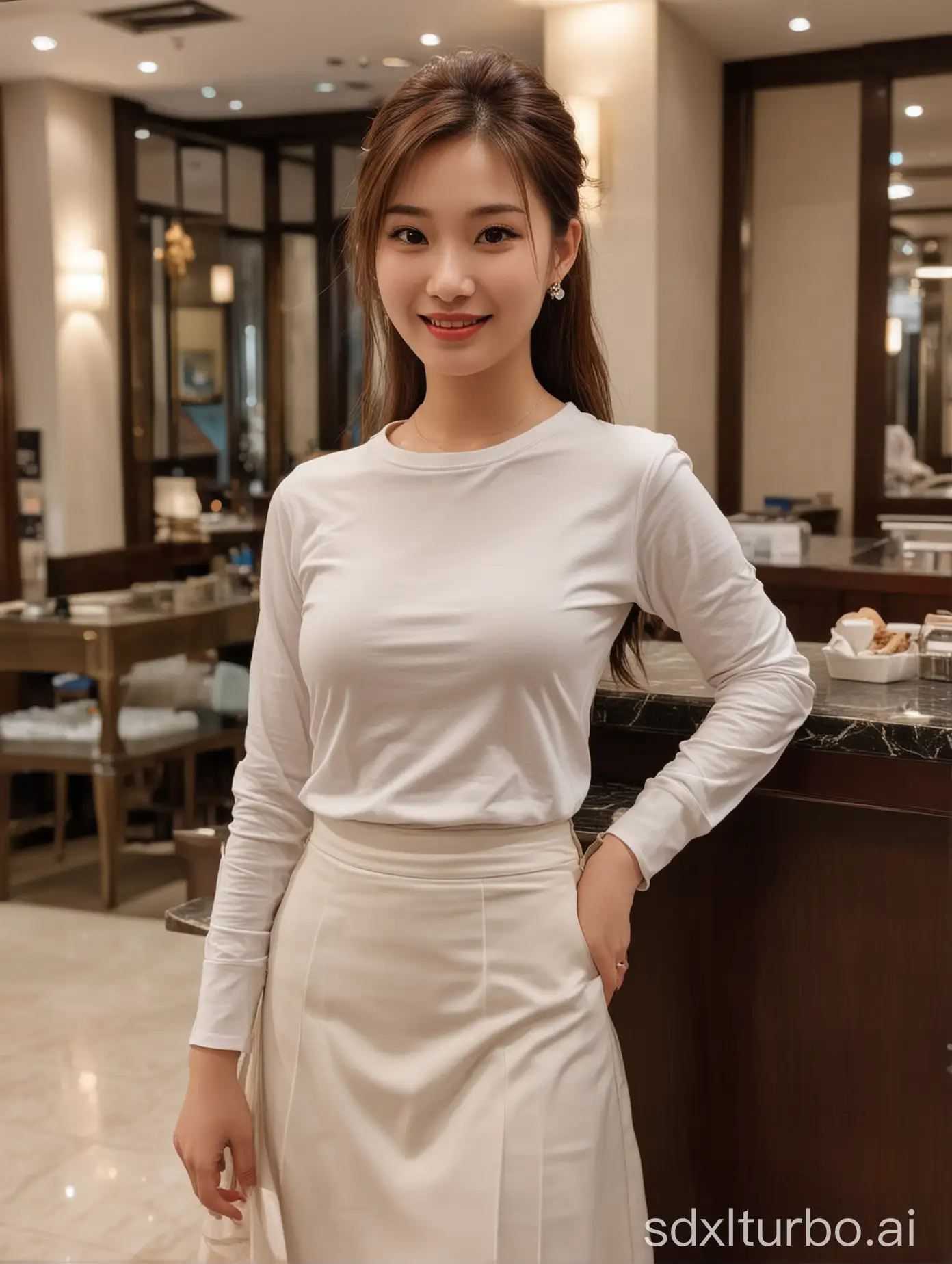 Chinese-Actress-with-Sweet-Smile-in-Winter-Outfit-at-Hotel-Counter