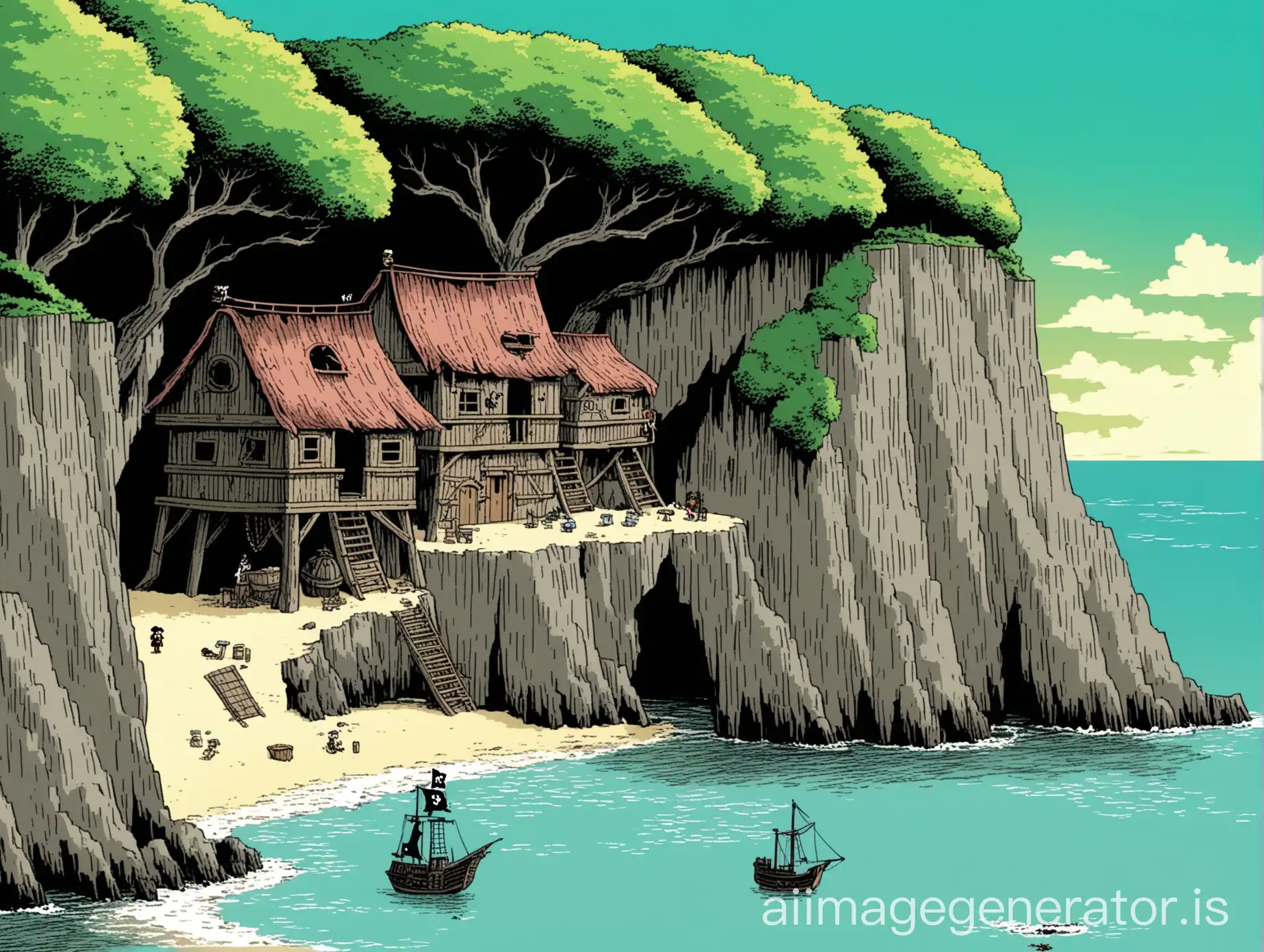 Pirate-Hideout-on-a-Cliff-with-Cove-and-Beach-in-Manga-Ghibli-Style