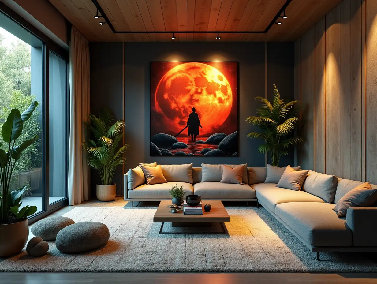 Large modern living room lighting with furnishing many plants with Demon Slayer image on the wall Zen-Garden with carefully tended rocks, a meditative 180 degrees shot 8K resolution Colorful