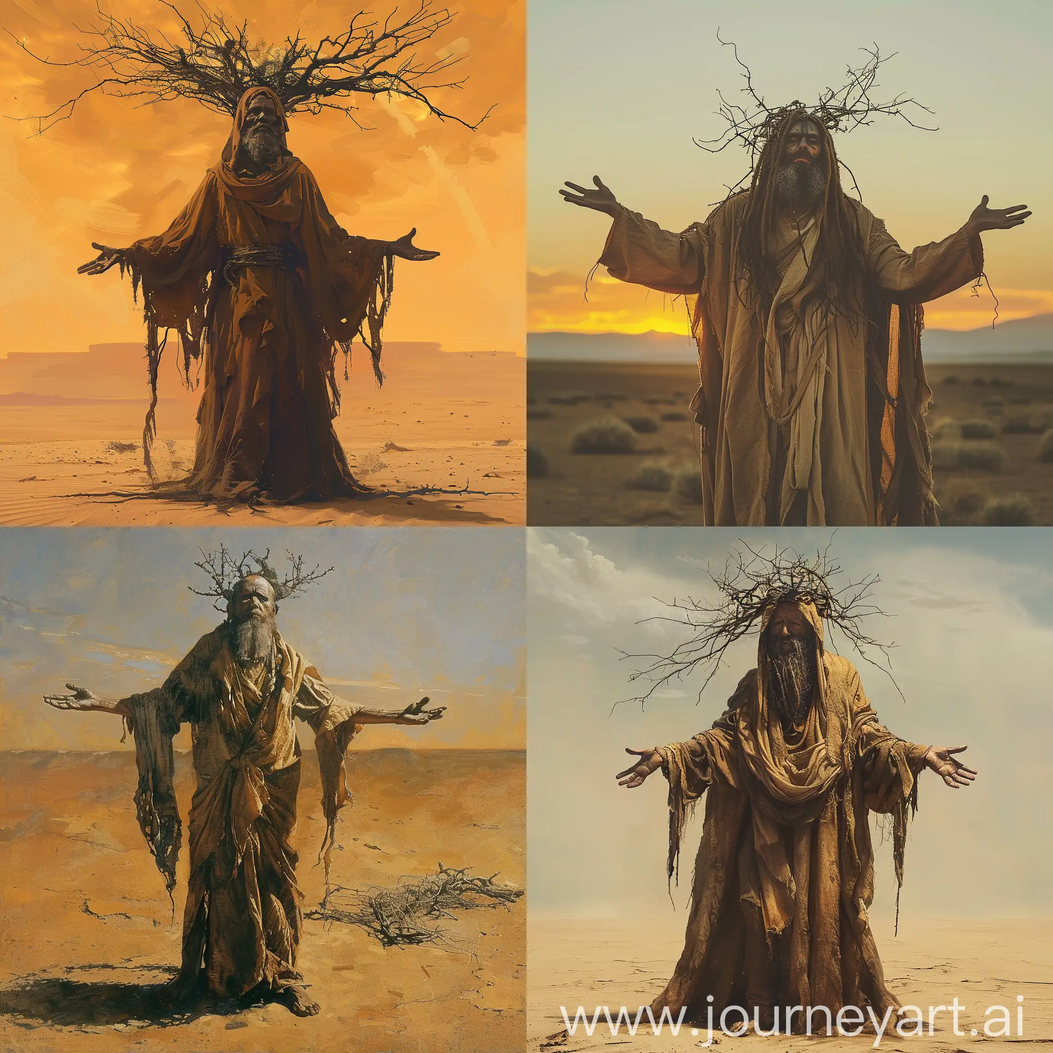 Desert-Monk-Hermit-in-Tattered-Robes-at-Sunset-with-Branch-Crown