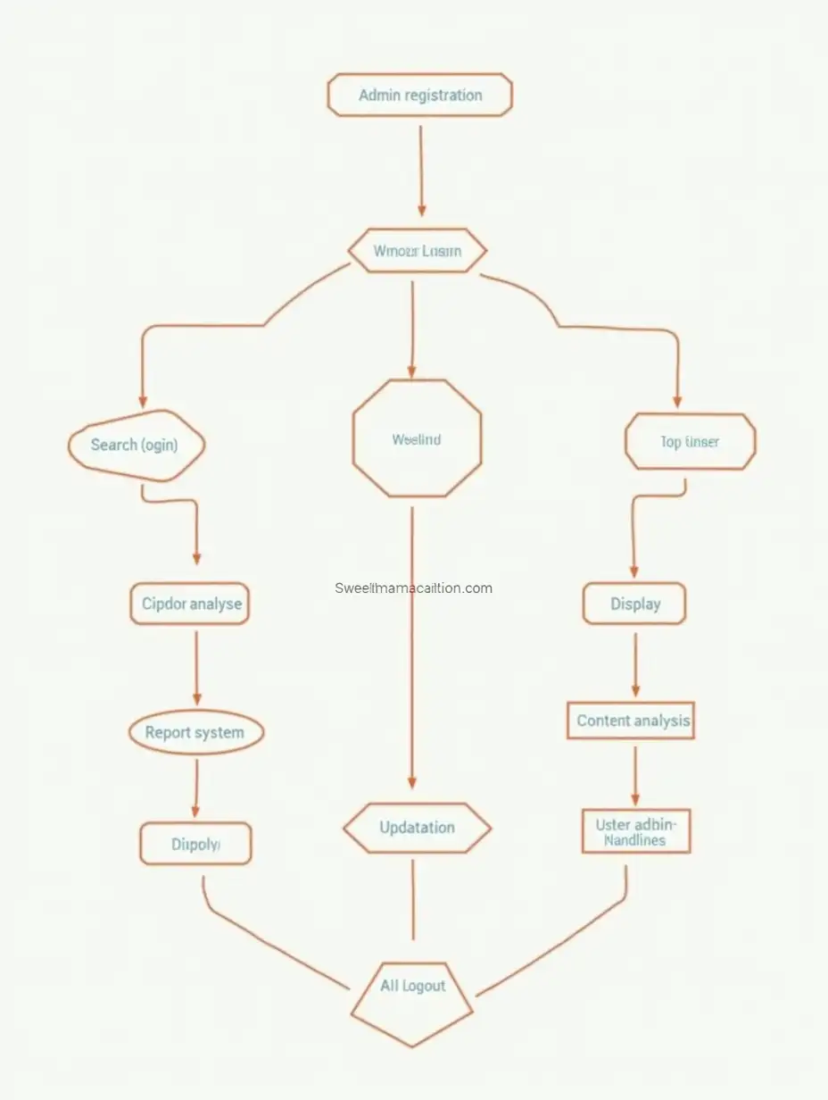 create a decision tree flowchart for me using these points:- admin registration, admin login, user registration, user login, input search, display, content analysis, report system, updation, AI implementation, query handling, result analysis, user logout, admin logout make it simple crisp & to the point write the points in more big boxes so it is simple to understand