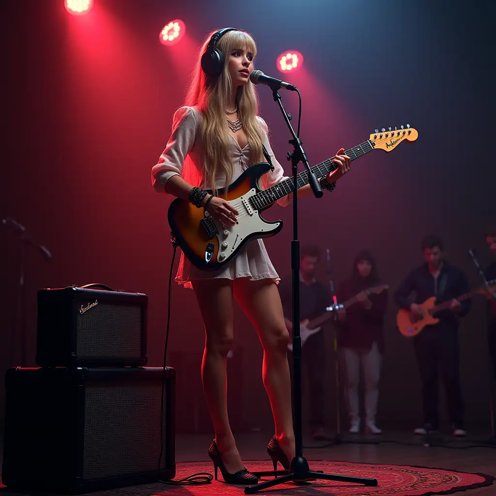 ultradetailed hyperrealistic photo a woman long hairgoldblu with redwhite white dress, wristwatch, headphones plays on an electric guitar, stiefelrotenschwarz musterdessous and big pearl necklace stands on a podest and an electric guitar and on the podest stands an electric guitar amplifier with the electricguitar connected and a Stand Microphone stands before her and she sings into the microphone and colorful spotlights shine on the woman and the band in the background beautiful shoes impeccable attention to texture, surfaces and lighting, to give depth, dimension and a photorealistic appearance.