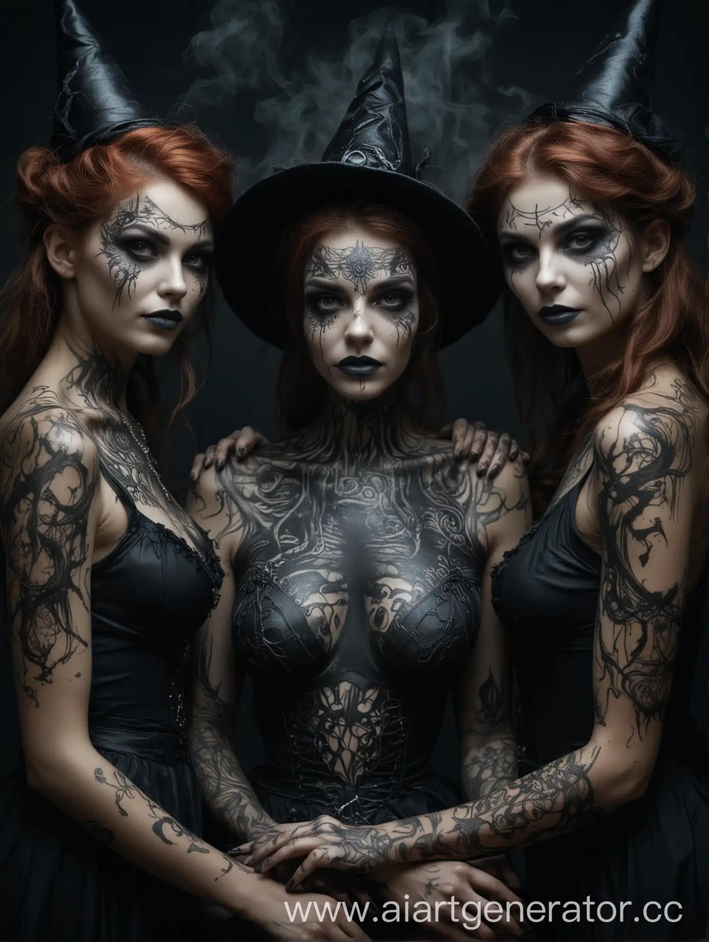 three beautiful witches, bodyart,  dark aestetic