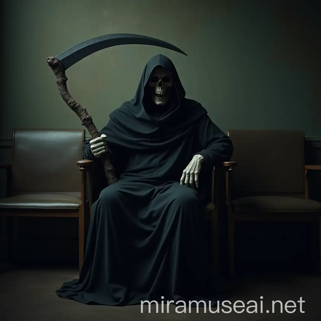 Grim Reaper Sitting in Waiting Room with Scythe