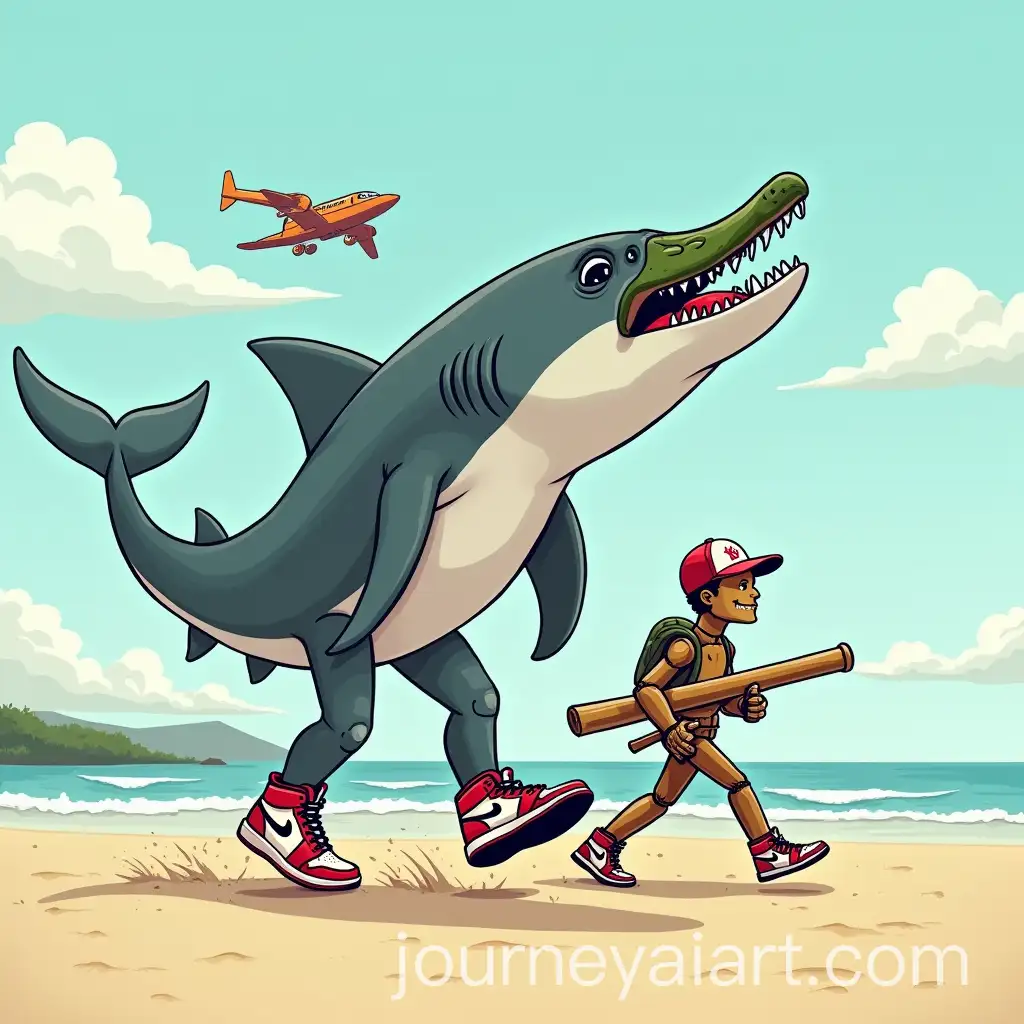 Shark-WalkingAI-Art-Prompt-Expansion-on-Land-with-Air-Jordan-Shoes-and-Wooden-Man-Holding-Baseball-Bat-on-a-Beach-with-Crocodile-Bomber-Plane-in-Cartoon-Style