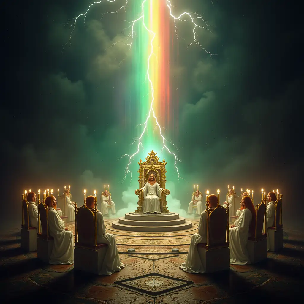 All around the throne was a rainbow with clear colors like an emerald, in a circle around the throne were 24 other thrones with 24 elders sitting on them, The elders were dressed in white, and they had golden crowns on their heads, Lightning flashes and noises of thunder came from the throne, Before the throne there were seven lamps burning, which are the seven Spirits of God, Also before the throne there was something that looked like a sea of glass, as clear as crystal, In front of the throne and on each side of it there were four living beings, The first living being was like a lion, The second was like a bull, The third had a face like a man, The fourth was like a flying eagle