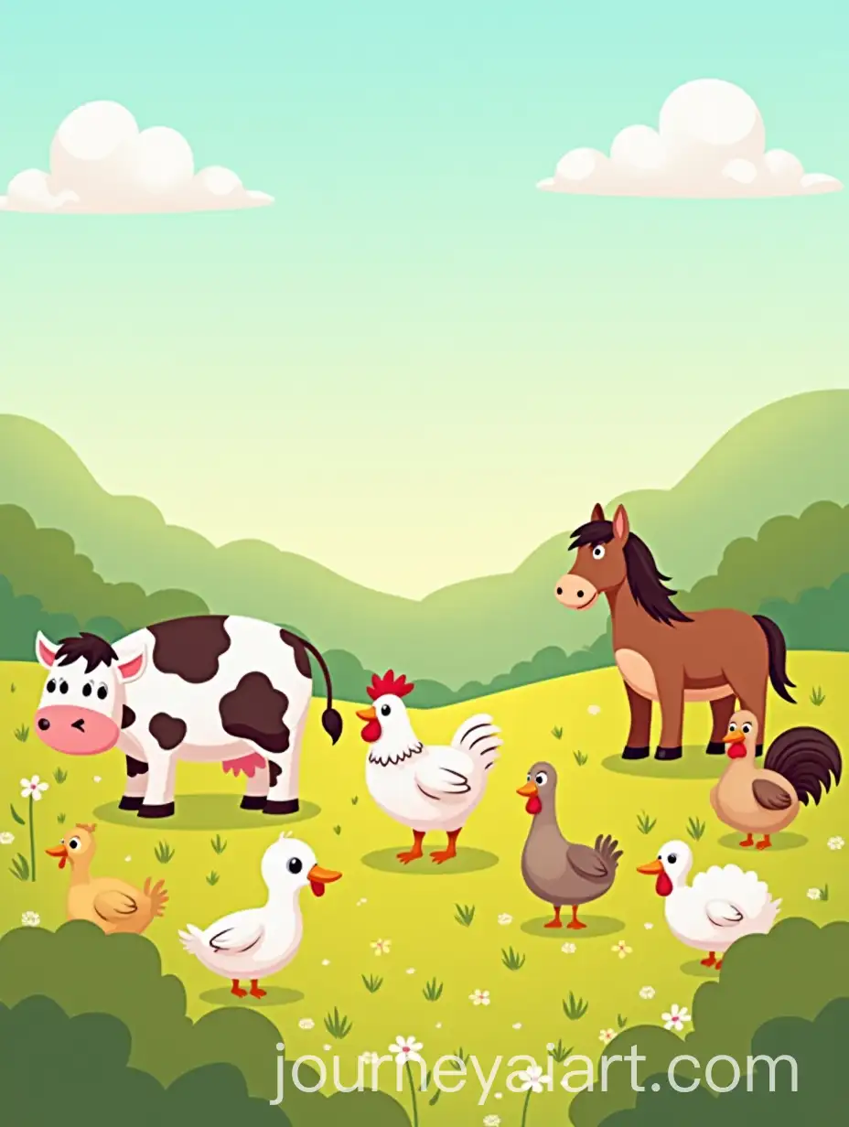 Cartoon-Farm-Animal-YouTube-Video-Background-with-Cow-Horse-Chicken-Rooster-Donkey-Goat-Sheep-Duck-Goose-and-Turkey