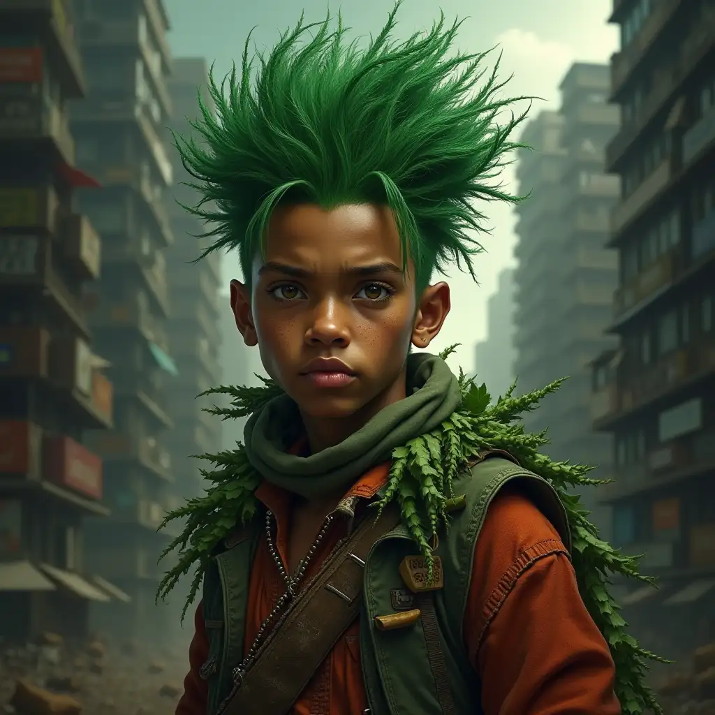 Create a hyper-realistic portrait of Chipollino, a young and bold rebel coming from a poor family oppressed by capitalists and the state. He has a striking green mohawk that symbolizes his defiance and individuality. His expression is fierce and determined, reflecting his desperate spirit of rebellion against authority and injustice. Chipollino’s attire is tattered and worn, showcasing elements made from vegetables, representing his humble origins. The background should be a dark, oppressive urban landscape filled with towering capitalist structures that loom ominously, casting deep shadows over him. The overall mood of the image should convey the tension between his fierce resolve and the suffocating pressures of his environment, portraying him as a symbol of resistance and hope amidst adversity.