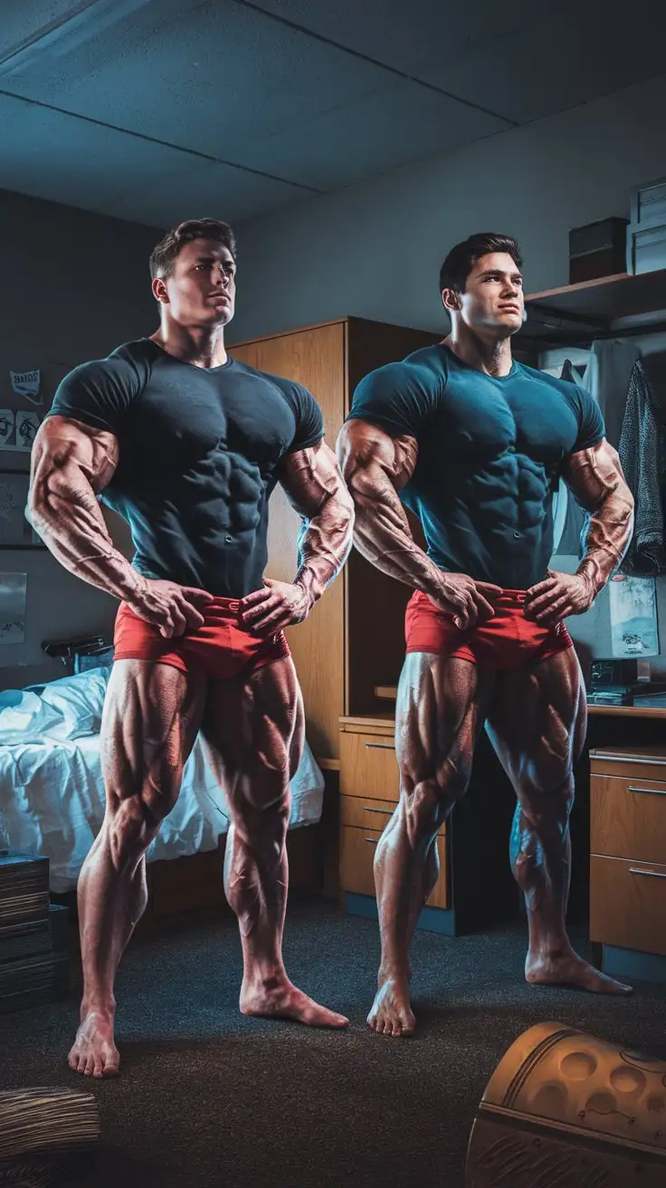 In a dorm room at night. Two powerfully muscled, hugely ripped, pumped 27-year-old bodybuilder musclegod superheroes stand reverently. Photorealistic.