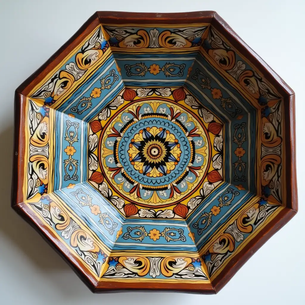 Octagonal with rounded corners ceramic serving dish with embossed beautiful handle, Fine art, Hyper detailed, Antique and old, Qajar art, Iranian Tabriz carpet design