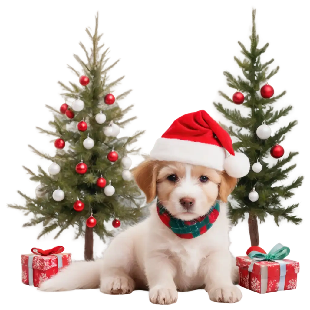 Adorable-Fluffy-Puppy-in-Front-of-a-Christmas-Tree-HighQuality-PNG-Image-for-Festive-Cheer